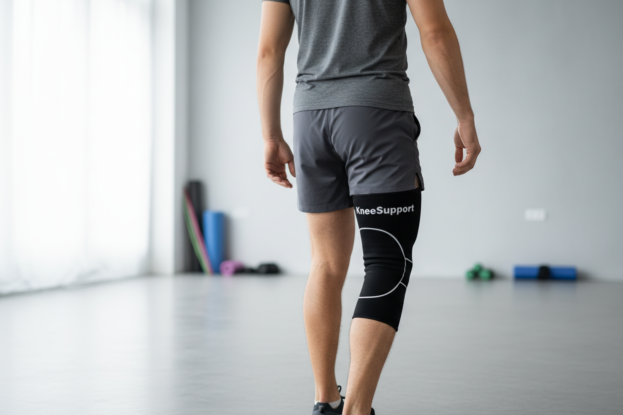 young man with a knee injury and has a knee sleeve, KneeSupport is writen in the back